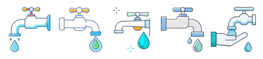 Collection of Cartoon Faucet Icons with Water Droplets in Varied Designs