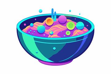 Colorful cartoon illustration of a blue bowl filled with golden cereal rings, isolated on a white background.