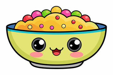 Colorful cartoon illustration of a blue bowl filled with golden cereal rings, isolated on a white background.