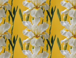 Bright seamless pattern, blooming white irises with green stems on yellow background for textile, wallpaper, packaging, spring design