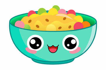 Colorful cartoon illustration of a blue bowl filled with golden cereal rings, isolated on a white background.