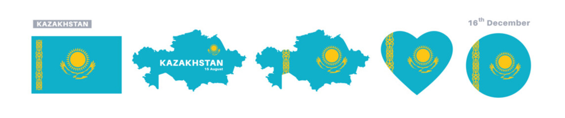 kazakhstan flag and map set. kazakhstan flag in official colors and proportions. independence day 16 december, map, circle and heart shaped kazakhstan 

