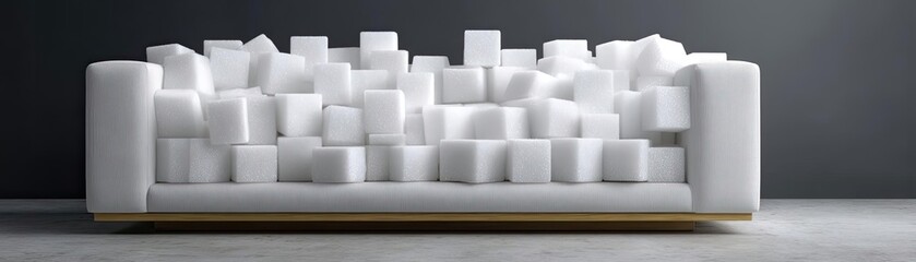 Inactive lifestyle with sugar intake and low sodium concept. Modern white sofa surrounded by cozy cushions and blocks.