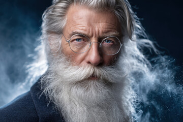 Senior man with long white beard and glasses surrounded by misty atmosphere in dramatic light
