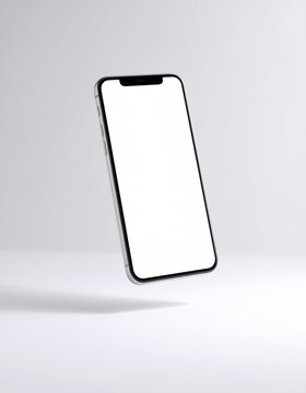 A sleek, silver smartphone mockup with a blank white screen hovers gently, casting a soft shadow on a clean, minimalist white background.