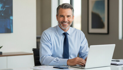A smiling, confident businessman with gray hair sits at his desk, working on a laptop in a modern office, representing professionalism and success
