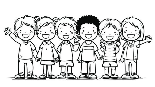 Group of cartoon children holding hands and waving together