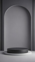 Minimalist Gray Arch Background with Black Circular Podium Display