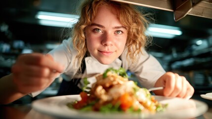 A confident young chef focuses on a beautifully plated gourmet dish, showcasing culinary artistry and passion in a professional kitchen setting filled with vibrant ingredients.