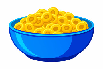 Colorful cartoon illustration of a blue bowl filled with golden cereal rings, isolated on a white background.