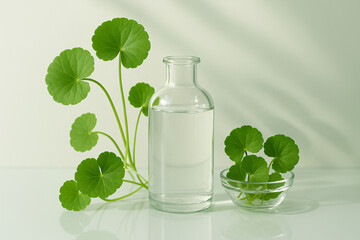 A bottle of water surrounded by fresh gotu kola leaves on a calm water surface, creating a natural, refreshing, and serene atmosphere.