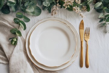 Bridal Flat Lay. Elegant Table Setting with Gold Accents and White Decor