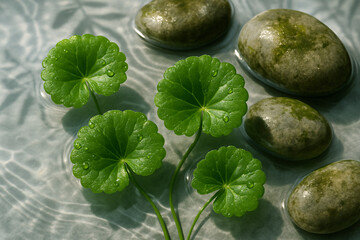 A smooth stone surrounded by gotu kola leaves on a calm water surface, with gentle ripples and droplets, creating a peaceful, serene natural setting.