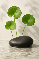 A smooth stone surrounded by gotu kola leaves on a calm water surface, with gentle ripples and droplets, creating a peaceful, serene natural setting.