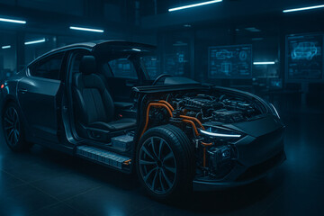 Futuristic electric vehicle with transparent body showing internal systems, displayed in a high-tech lab with advanced lighting and clean environment.