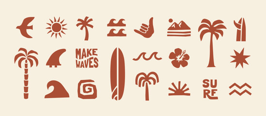 Minimal beach and surf icon vector set with tropical elements like palm trees, waves, surfboards, and sun. Perfect for summer designs, t-shirts, posters, and coastal branding.