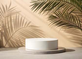 Minimalist white podium with palm leaf shadows and natural light