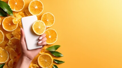 A modern smartphone is creatively positioned amid vibrant fresh oranges, showcasing a fusion of technology and nature, perfect for tech enthusiasts and food lovers.