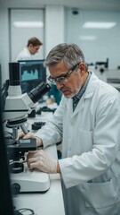 Fototapeta premium Scientist in lab coat examining sample under microscope with colleague in background at workstation