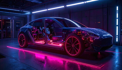 Futuristic electric vehicle with transparent body showing internal systems, displayed in a high-tech lab with advanced lighting and clean environment.