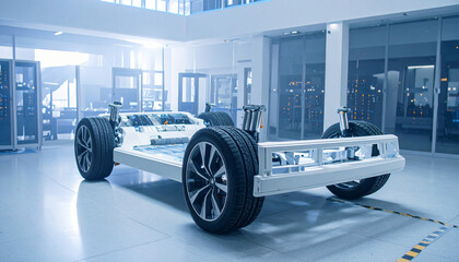 Futuristic electric vehicle with transparent body showing internal systems, displayed in a high-tech lab with advanced lighting and clean environment.