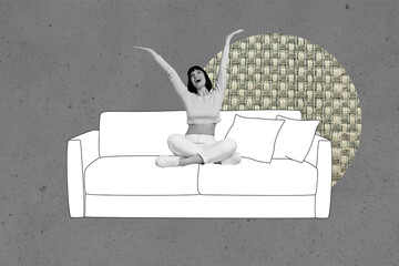 3d art image sketch full collage of happy girl stand indoor sofa relax freelancer office real...