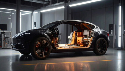 Futuristic electric vehicle with transparent body showing internal systems, displayed in a high-tech lab with advanced lighting and clean environment.