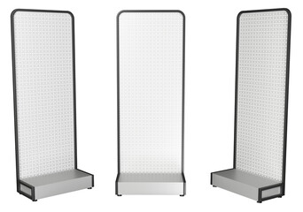 Retail display metal pegboard racks. 3d illustration transparent background