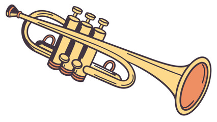Obraz premium A golden colored trumpet with valves and a bell, outlined in brown, presented on a white backdrop