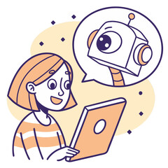 A girl using a tablet with a robot appearing in a speech bubble near her in a light background