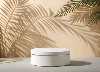 Minimalist white podium with palm leaf shadows and subtle gold accent