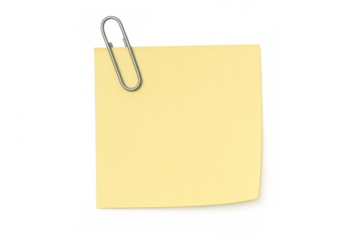Yellow sticky note paper with paperclip on transparent background