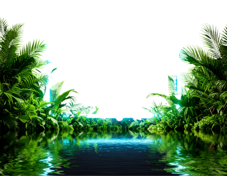 Vibrant Neon Digital Frame Amidst Lush Green Leaves and Reflective Water, Isolated PNG