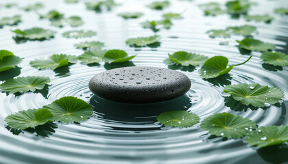 Fresh gotu kola leaves floating on water with soft ripples and dew drops, evoking natural purity, wellness, and herbal skincare aesthetics.