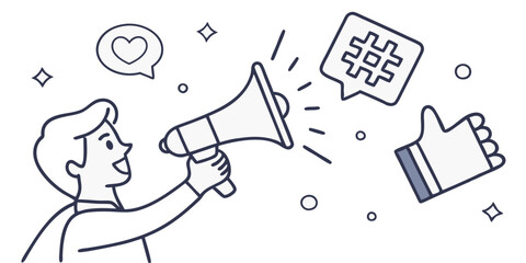 Person with megaphone sharing message with heart and hashtag symbols and a thumbs up gesture