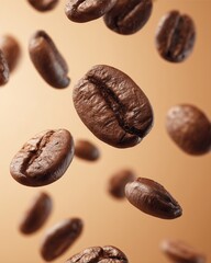 Fototapeta premium Roasted Coffee Beans Floating: Macro shot of isolated roasted coffee beans floating mid-air, showcasing texture and inviting the viewer to enjoy fresh aroma.