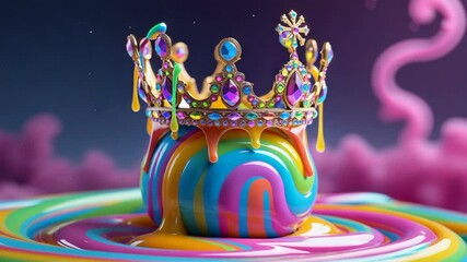 Starry sky pool ripple initiating turquoise paint dripping from jeweled crown onto rainbow sphere - Powered by Adobe