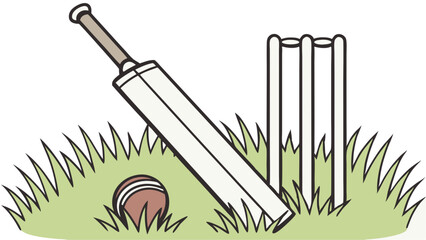 A cricket bat leaning on wickets with a ball placed on the grass field ready for a cricket game play