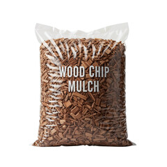 Wood chip mulch in clear plastic bag for landscaping and gardening   , isolate,  without background 