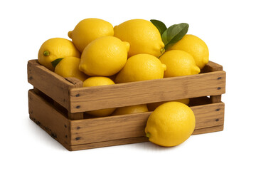 Fresh lemons overflowing from wooden crate on transparent background