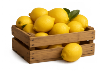 Fresh lemons overflowing from wooden crate on transparent background