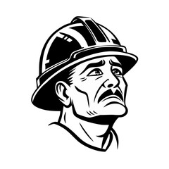 Black and White Serious Construction Worker Portrait Looking Up Vector Mascot