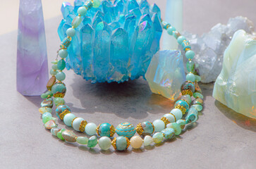 necklace of natural stones on the background of gem stones