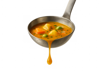 Ladle pouring fresh hot vegetable soup on transparent background