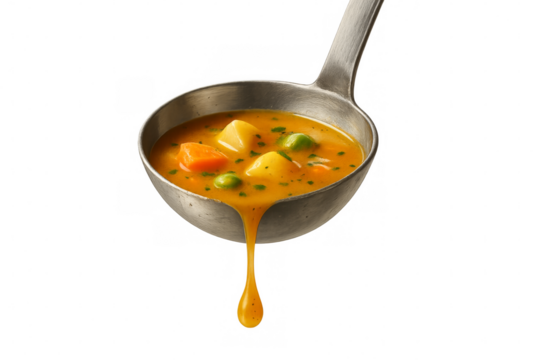 Ladle pouring fresh hot vegetable soup on transparent background