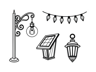 Black Street Lamp and Banner Icon Set