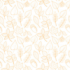 Seamless pattern with hand drawn autumn leaves, berries and acorns in an outline style. Collection of maple, oak, birch, rowan, chestnut. Vector pattern of foliage outline.
