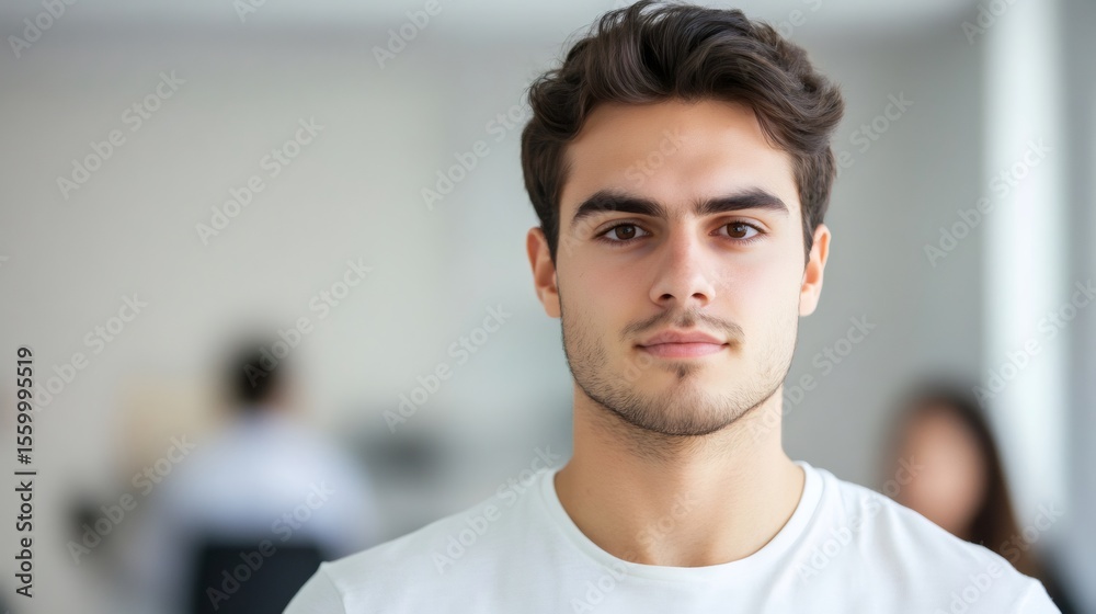Poster young man in a professional setting appears calm and focused. represents stress management, time man