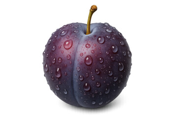 Ripe plum covered with water droplets on transparent background