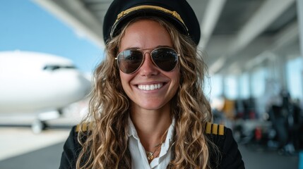 A smiling female pilot wearing sunglasses and a uniform stands proudly at the airport, exuding confidence and professionalism while signaling adventure and freedom.